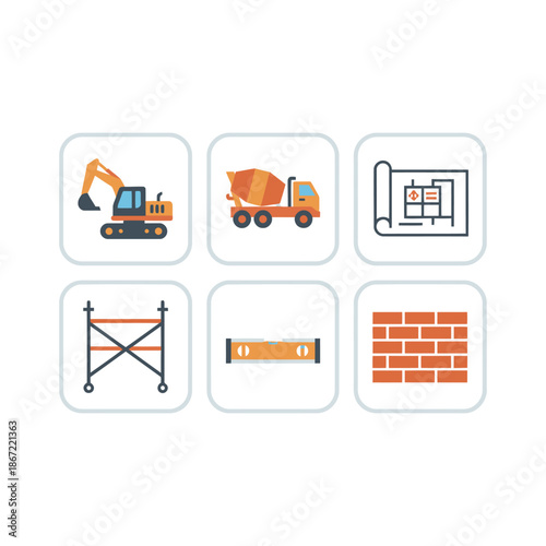Construction and industrial building icons set with excavator cement truck blueprint scaffolding spirit level and brick wall for architecture