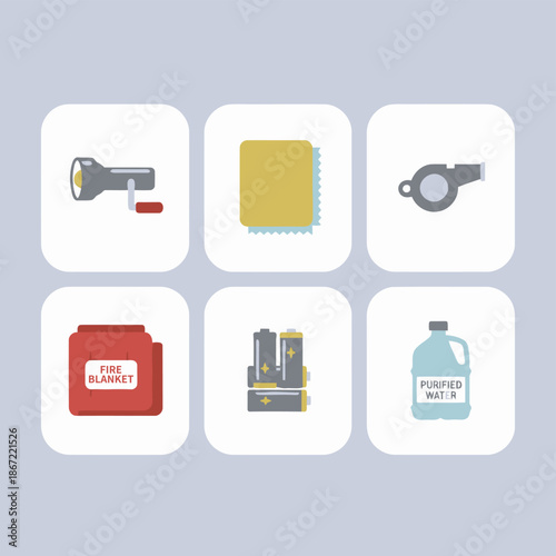 Emergency survival kit and disaster preparedness supplies including fire blanket flashlight batteries purified water bottle whistle and microfiber cloth for safety