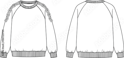 Sweatshirt fashion design, technical sketch, front and back view, chain detail, ribbed cuffs, neckline, hem, vector template, apparel illustration