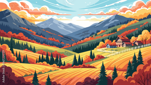 Beautiful autumn landscape vector illustration depicting rolling hills, farmland, and mountains under a colorful sky