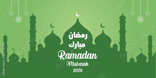 Ramadan Mubarak greeting card with mosque silhouette and crescent moon
