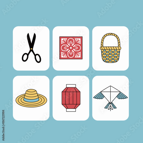 Traditional handicraft and folk art elements including wicker basket paper kite hand fan lantern straw hat and scissors for cultural workshop and creativity