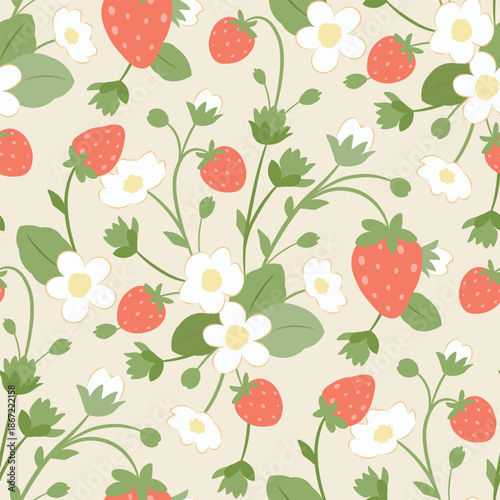 Seamless strawberry pattern with flat hand-drawn berries, leaves, and white flowers on soft pastel background. Colorful vector design for fabric, packaging, wallpaper, or cards, textile