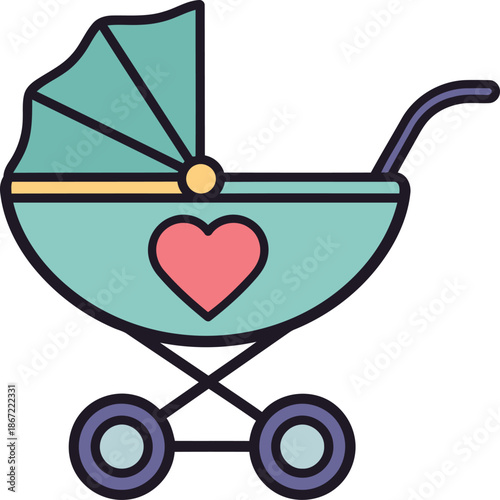 A colorful baby stroller icon with a heart, symbolizing prenatal care. Clean, modern design. Ideal for health, parenting, and baby-related themes.