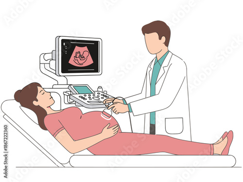 A doctor performs an ultrasound pregnancy check on a pregnant woman. Clear, professional illustration. Suitable for medical, health, and parenting themes.