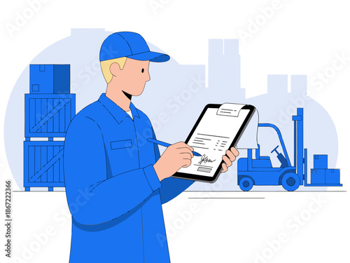 A delivery worker signs a receipt with a tablet amidst stacked crates and forklifts. Modern illustration style, vibrant blue tones, conveying efficiency and logistics.