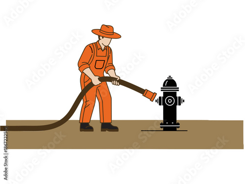 A farmer worker operates a water hose, irrigating crops.  Clear, orange and white illustration.  Simple, graphic style. Suitable for commercial use.
