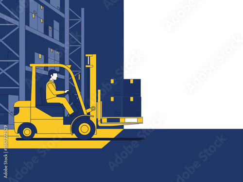 Forklift operator efficiently moves pallets in a warehouse. Dynamic illustration showcases logistics and storage. Bold colors and clear composition.
