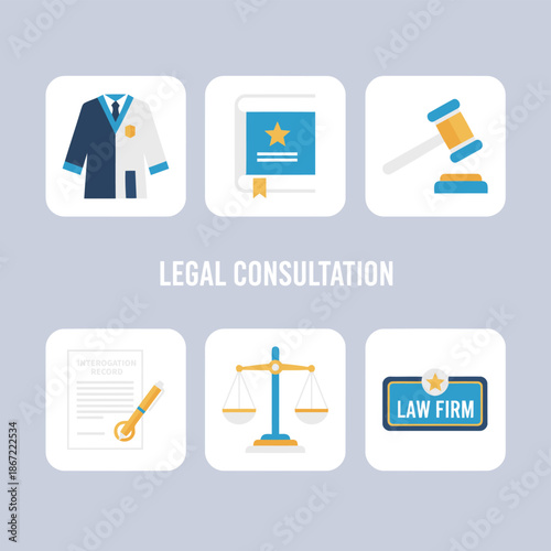 Legal consultation and judicial service concept icons with judge robe law book gavel interrogation record scales of justice and law firm sign for advocacy
