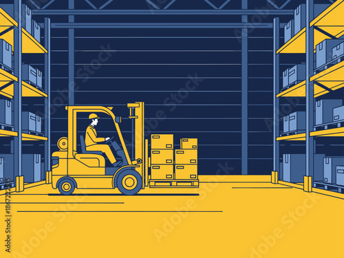 Forklift operator efficiently moves pallets in a busy warehouse. Dynamic illustration showcases logistics and storage. Modern, bold design.