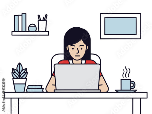 A focused woman works on her laptop in a stylish home office.  She?s smiling, surrounded by calming elements. Modern, clean, and productive workspace.