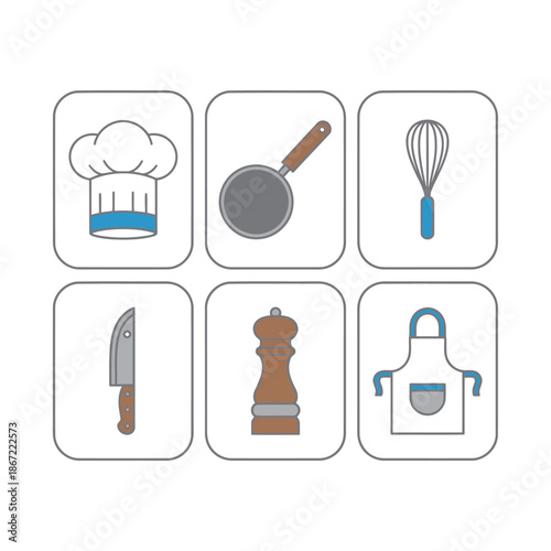 Professional kitchen cooking tools and chef equipment set including white chef hat frying pan wire whisk kitchen knife wooden pepper mill and apron icons isolated on white background