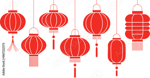 Collection of Red Traditional Chinese Lanterns, Various Hanging Paper Lantern Designs for Lunar New Year, Vector Set of Red Flat-Style Lantern Icons, vector, illustration, silhouette