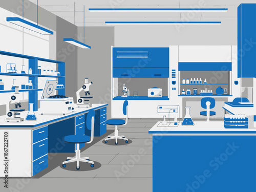Modern biotechnology lab interior with blue and white equipment. Clean, professional, and well-lit, ideal for science, research, or educational visuals.