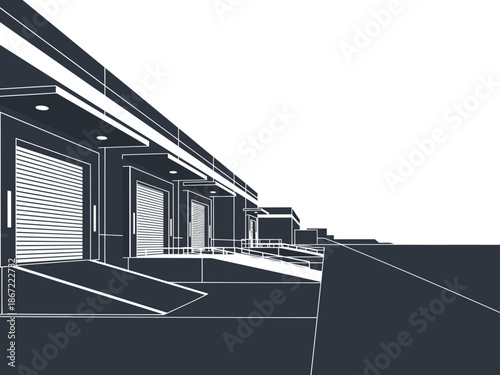 Modern warehouse exterior with loading docks. Clean, minimalist design. Strong lines and architectural detail. Suitable for commercial use.