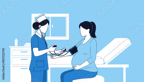A nurse checks a pregnant woman's blood pressure in a clinical setting. Clean, modern illustration with a focus on healthcare and maternal wellness. Suitable for medical and health-related content.