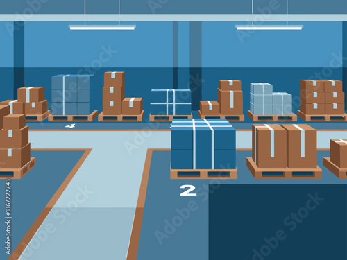 A modern warehouse storage room filled with stacked pallets and boxes. Clean, organized, and visually appealing for business and logistics themes.