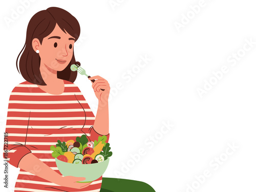 A smiling pregnant woman enjoys a healthy salad. Bright, cheerful illustration promoting pregnancy nutrition and healthy eating. Clean, modern design.