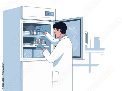 Scientist retrieves samples from a cryogenic storage unit. Detailed lab setting, focused on scientific research and preservation. Modern, professional.
