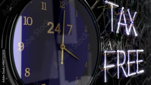 Tax Free 24 to 7 text neon. Clock.Around the clock seamless. No tax charge context of business 3d Animation
