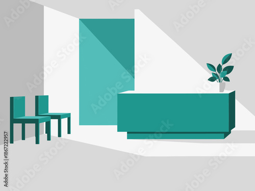 A serene prenatal clinic reception area features a teal desk and chairs, bathed in natural light. A potted plant adds a touch of nature. Clean, modern design.