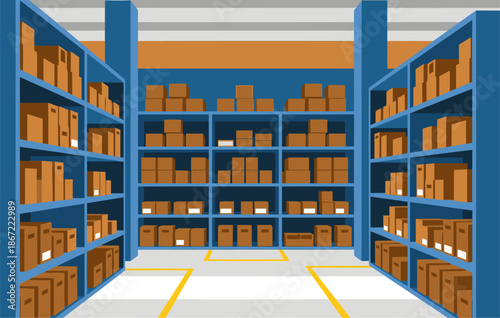 A spacious warehouse storage room with organized shelves filled with boxes. Clean, modern design. Ideal for business, logistics, or inventory visuals.
