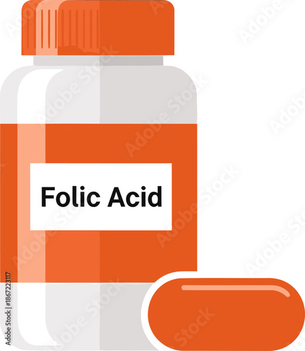 A vibrant orange bottle of folic acid supplements with a single pill. Clean, modern design. Perfect for pregnancy health and wellness visuals.