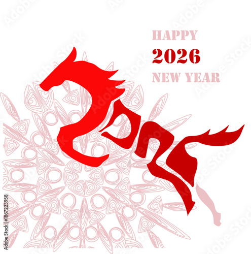 Holiday card Happy New Year 2026. Stylized image of a fire horse according to the Eastern Chinese calendar. Astrological New Year.	
