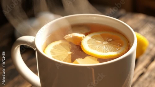 A steaming mug of lemon tea with slices of lemon and ginger on a wooden table in a cozy video setting.