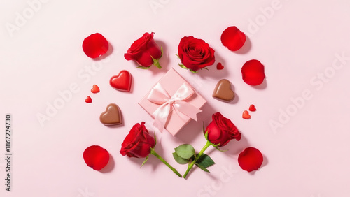 Romantic Valentine Background with Roses and Gift Box