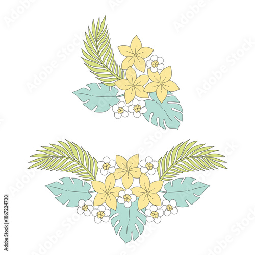 Pastel Tropical Jungle Leaves Monstera Hibiscus Floral Composition Illustration Set for Retro Boho Exotic Summer Design