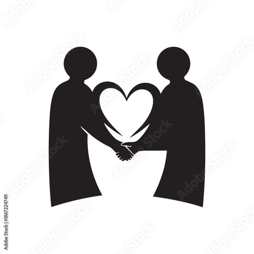 Two people shaking hands with heart symbol in middle handshake love icon concept