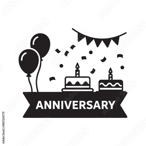 Anniversary party celebration with balloons cakes candles confetti and banner text