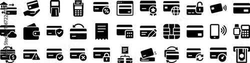 Comprehensive Payment and Credit Card Glyph Icon Set Featuring Banking Transactions Finance Security and Digital Wallet Concepts for Modern UI Design