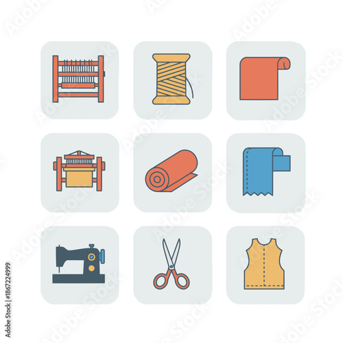 Textile industry and sewing craft line icons set with loom thread fabric roll sewing machine scissors and clothing pattern for fashion design and garment manufacturing