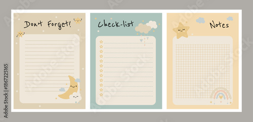 A set of cute vertical pages for a diary or notebook. Vertical format. Various designs with stars, rainbows, and clouds.