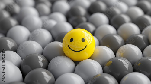 Yellow Smiley Face Standing Out from Gray Crowd, Happiness and Positivity Concept with 3D Render Spheres Background