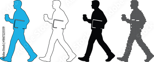Set of four walking man silhouettes in different styles solid blue, outline, solid black, and pixelated black