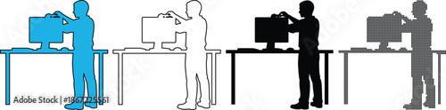 Man setting up or adjusting a computer monitor a desk, shown in four different styles solid blue, outline, solid black silhouette, and halftone pattern