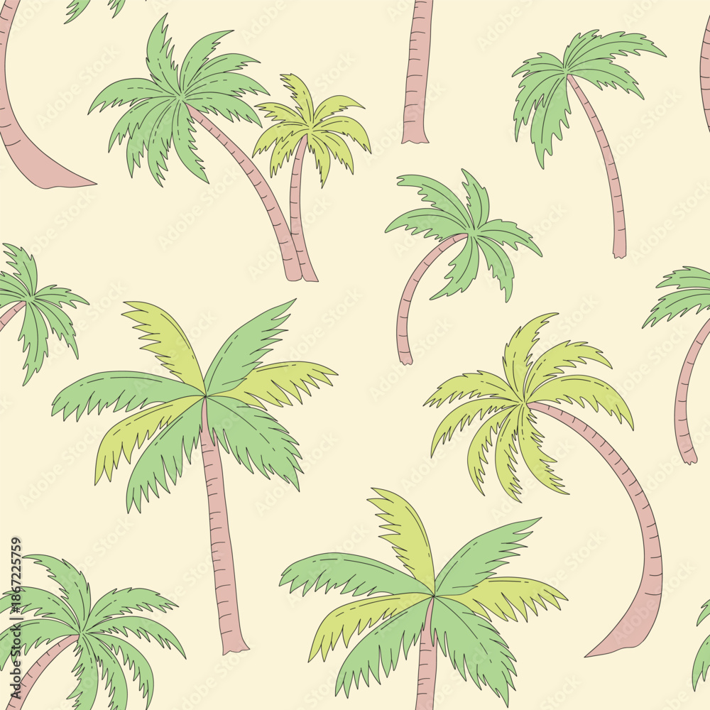 Obraz premium Pastel Tropical Palm Tree Seamless Pattern for Retro Boho Botanical Summer Background Design
