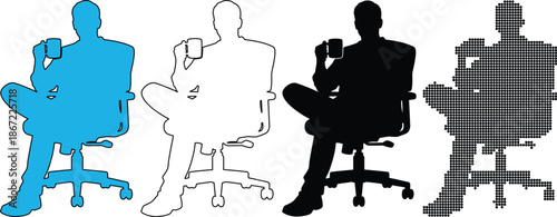 Set of four businessman silhouettes sitting in office chairs holding coffee mugs, in various styles blue fill, outline, solid black, and pixelated pattern