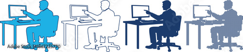 Set of icons representing a person working at a computer, showing different styles like silhouette, outline, and color fill