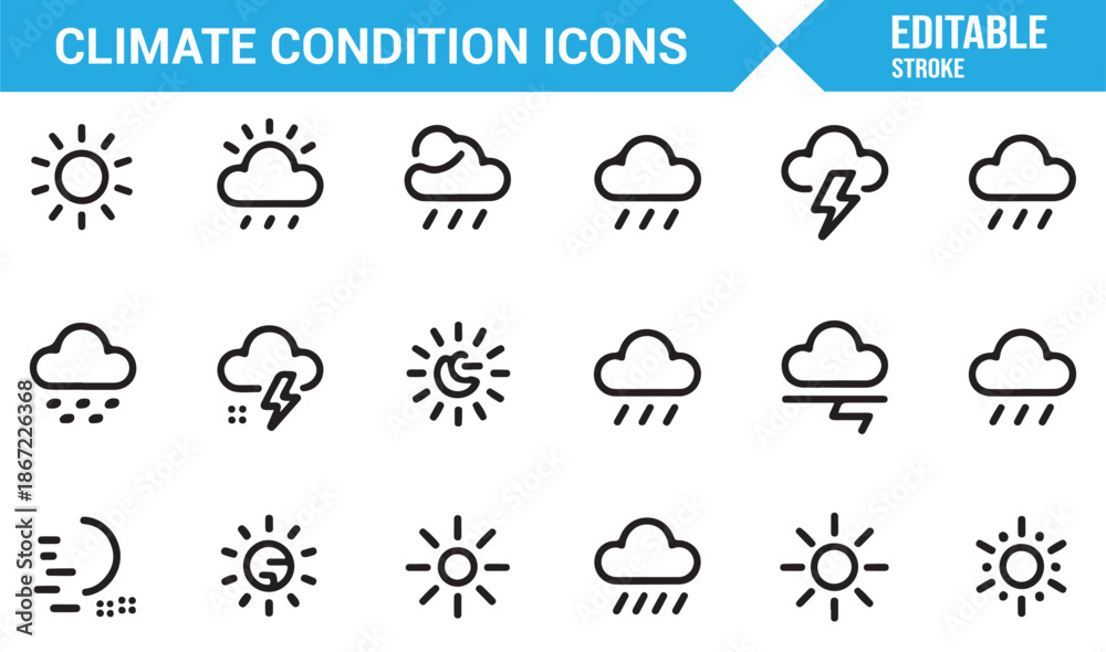 Obraz premium Seasonal weather and climate condition line icons