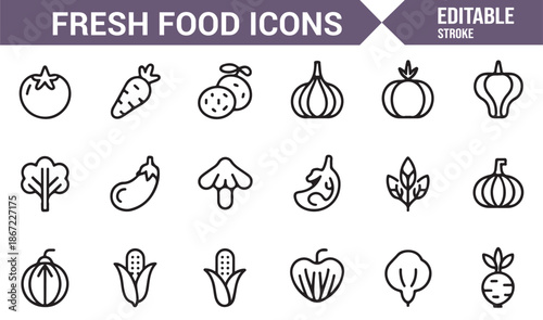 Nutrition and grocery fresh food outline icon set