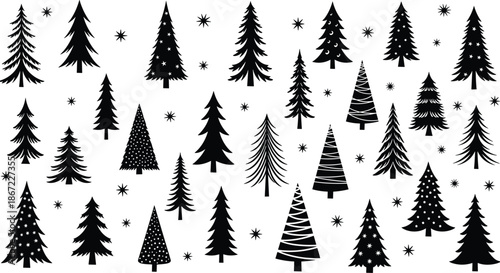Black Christmas tree silhouettes set, winter pine forest collection, festive holiday fir icons, evergreen nature symbols, minimalist snowflake vector graphic elements.