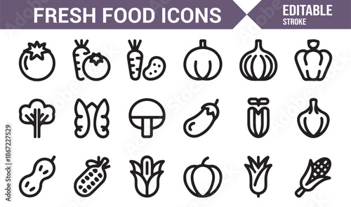 Farm harvest and fresh vegetable outline icons