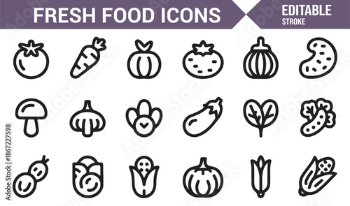 Grocery vegetable and organic produce outline symbol set