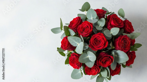 Bouquet of Fresh Red Roses with Green Leaves