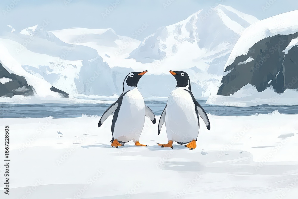 Obraz premium Two Gentoo Penguins Walking on Icy Landscape in Antarctica