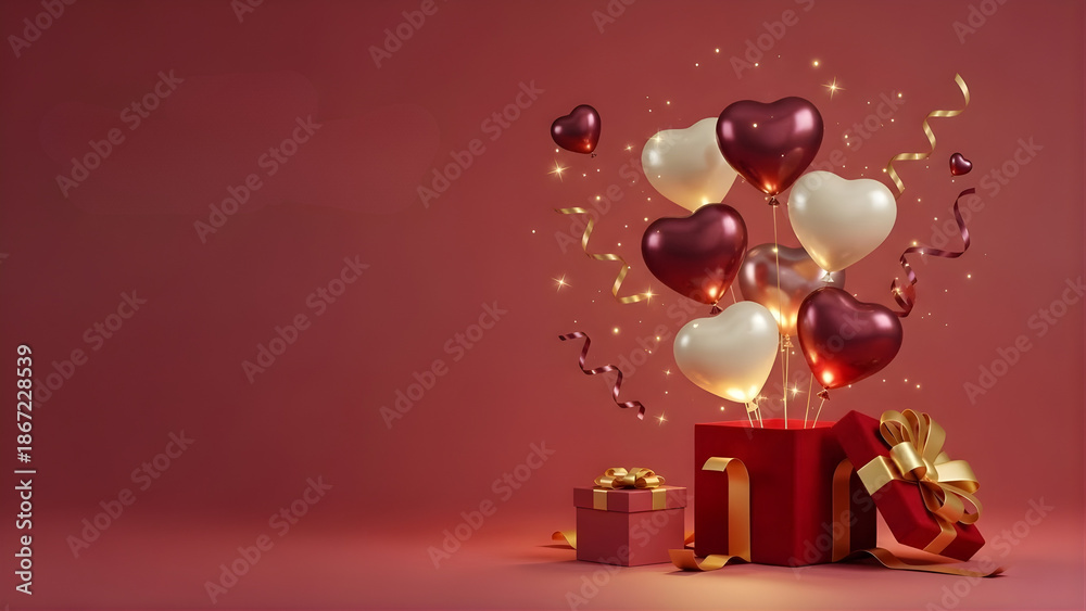 Fototapeta premium Luxurious Red Gift Box Unveils Heart-Shaped Balloons and Sparkling Confetti for a Romantic Celebration, Symbolizing Love, Joy, and Memorable Surprises